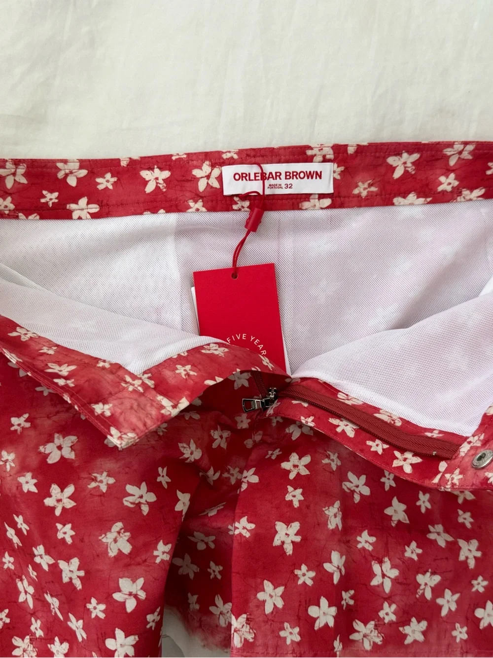 Orlebar Brown Red Floral Print Fabric with White Blossoms